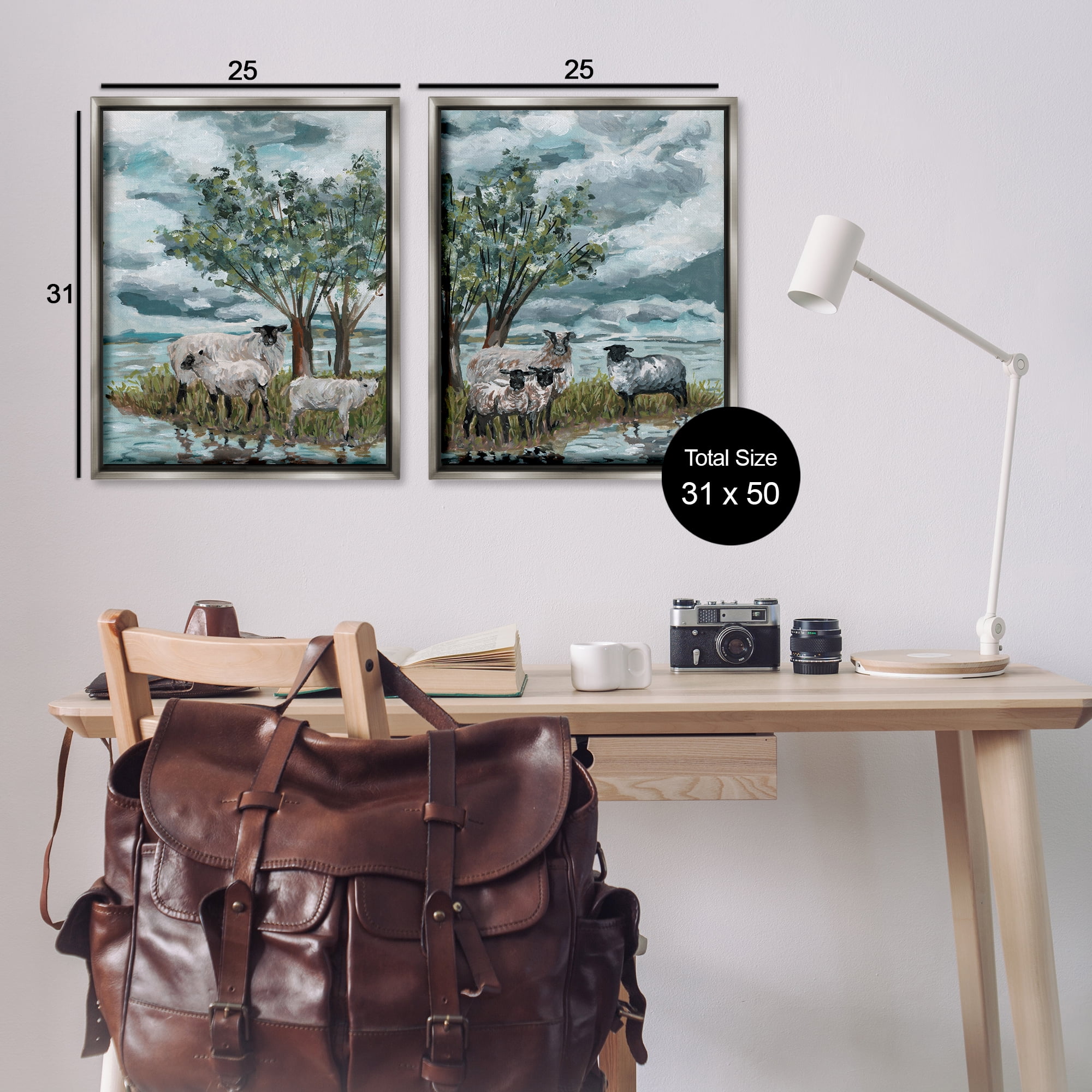 Stupell Industries Sheep in Field Landscape & Nature Painting Gray Floater Framed Canvas Art Print Wall Art, 31 x 25, Set of 2