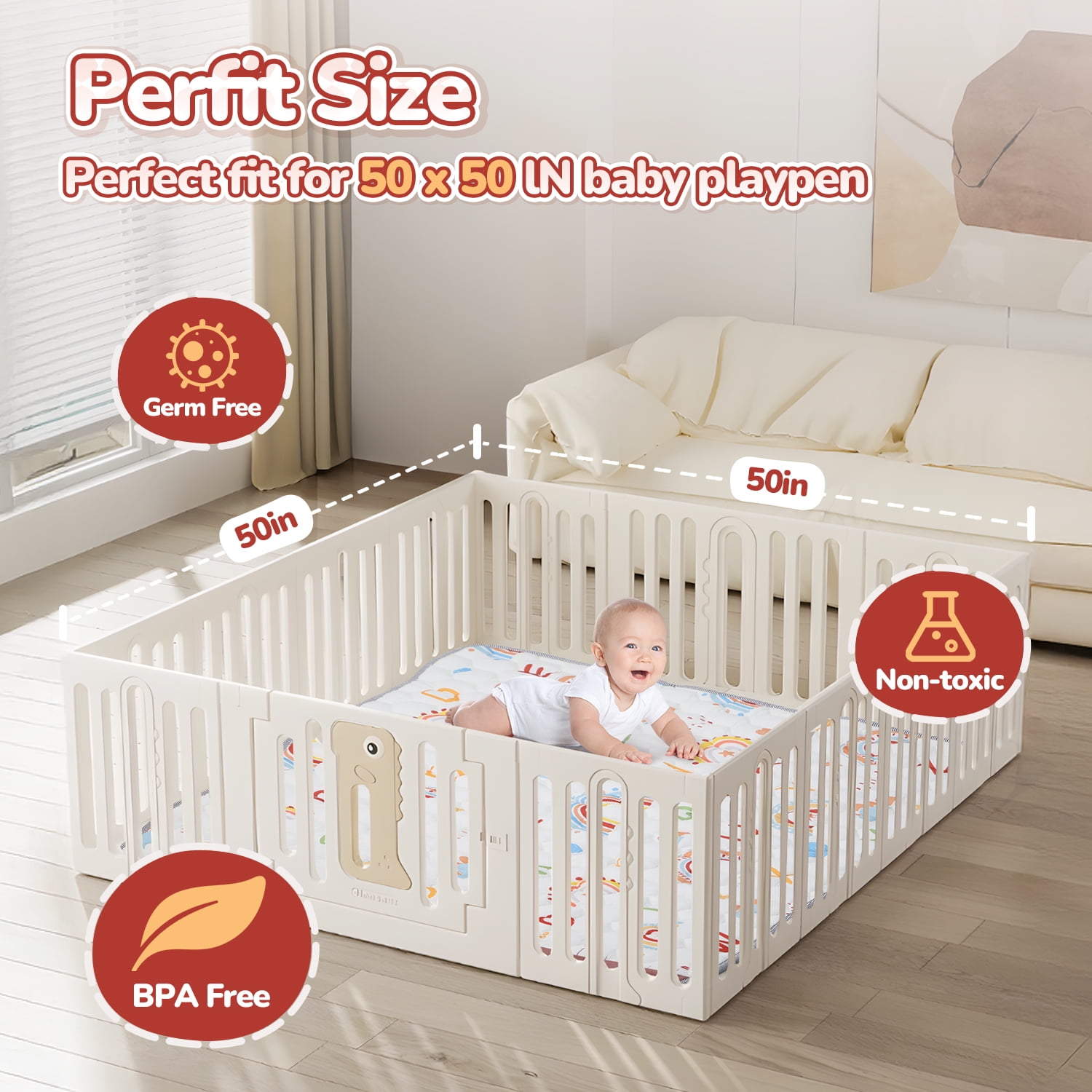 JoyStone Baby Play Mat, 50" x 50" Thick Crawling Mat for Playpen, Soft Non-Slip Floor Surface for Babies, Toddlers
