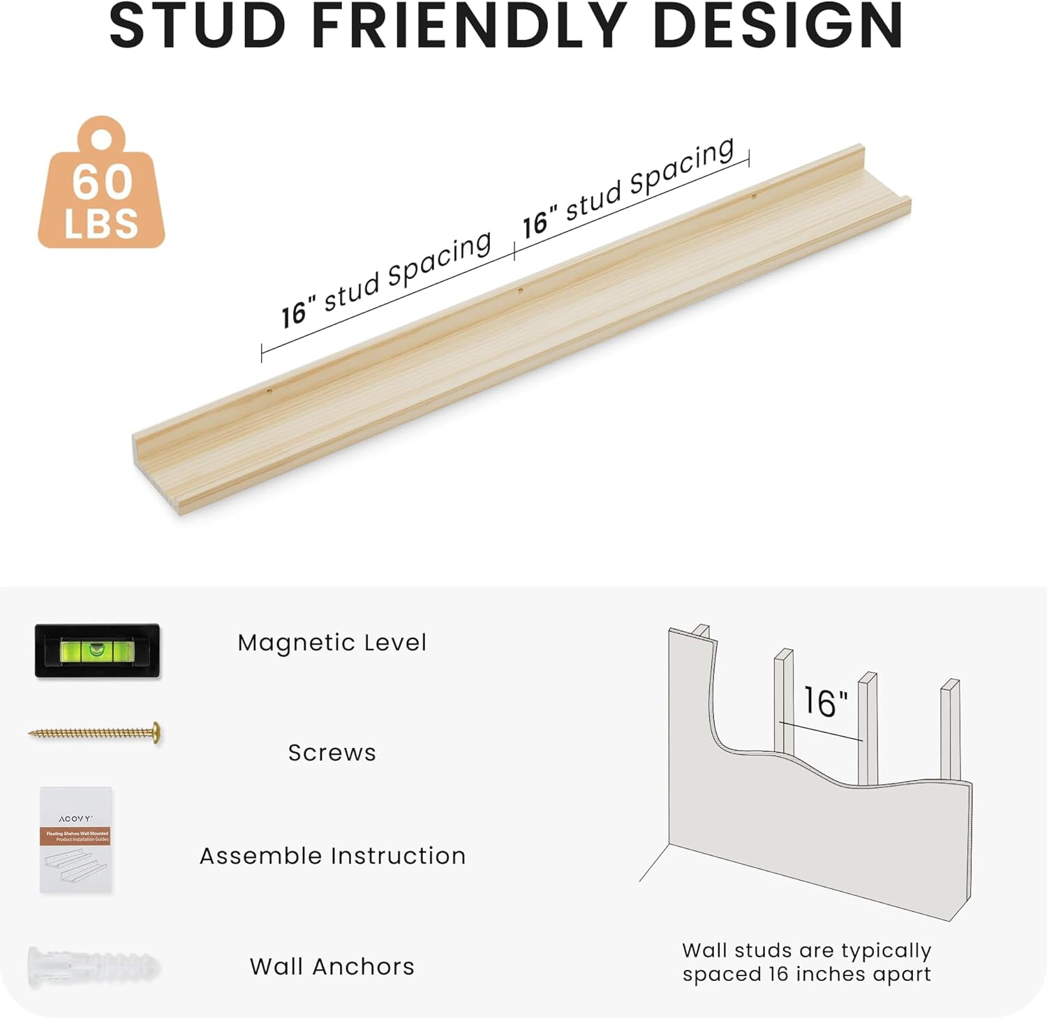 Long Floating Shelves for Wall, 48 inch Solid Wood Picture Ledge Shelf, Picture Shelf for Wall with Ledge, Floating Book Shelves for living room Bedroom Nursery Decor, Natural Unfinished, Set of 2
