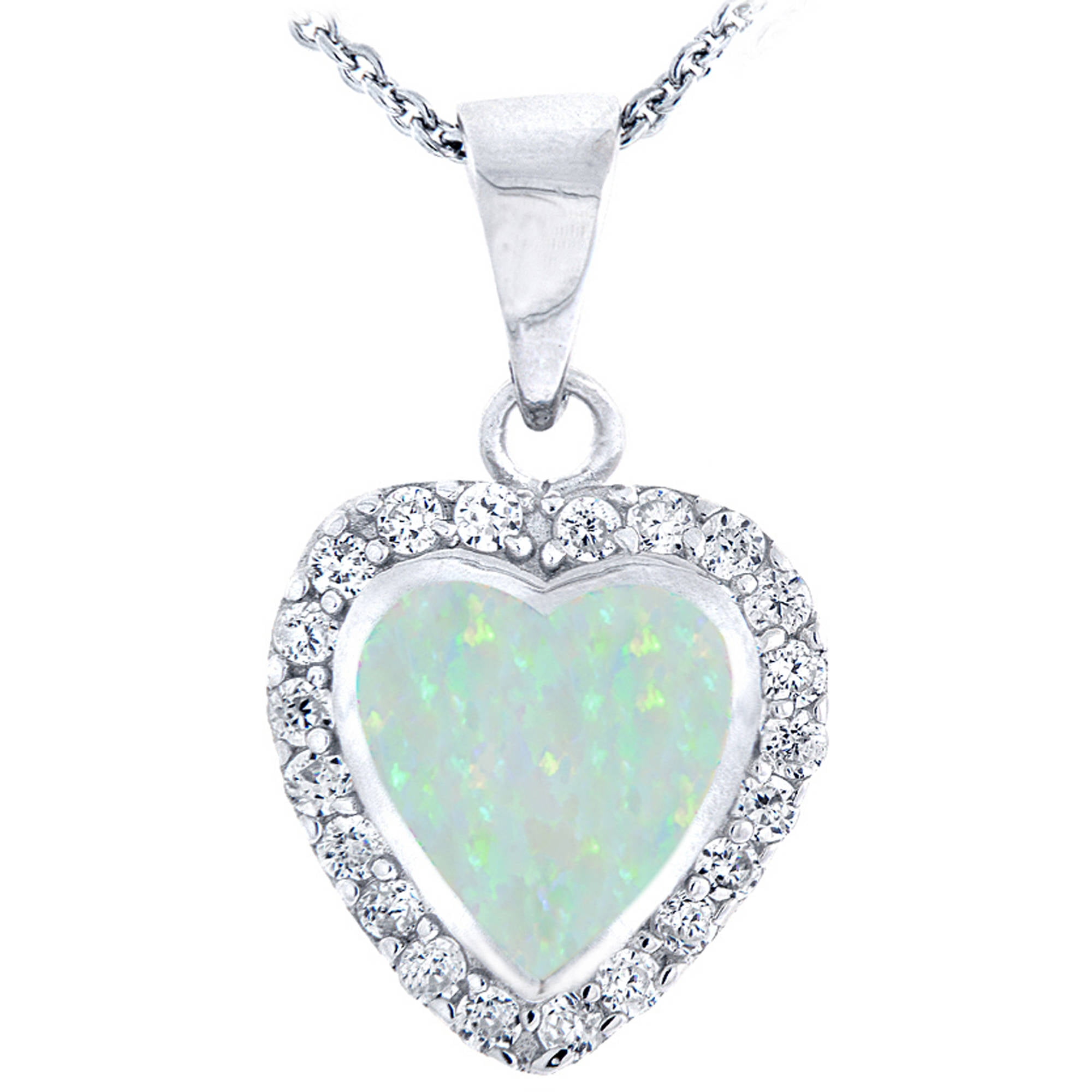Created White Opal and CZ Sterling Silver Heart Necklace, 18