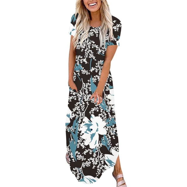 Offres des Fêtes Iumwxz Robe à Manches Courtes Col Rond pour Femmes Tunique Décontractée Robes Maxi Amples Robes Graphiques Florales Robes Décontractées pour Femmes Robe Douce et Confortable pour Rester à la Maison