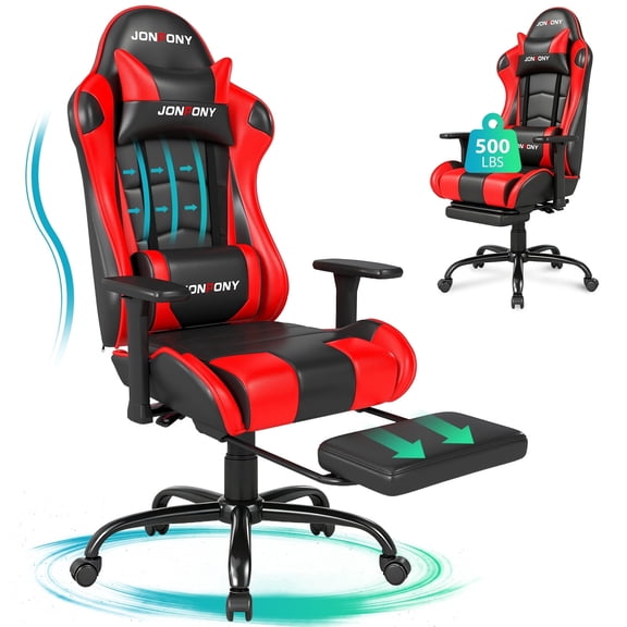 JONPONY Big and Tall Gaming Chair, 3D Armrests Gamer Chair PU Leather with Footrest and Lumbar Support, Ergonomic Design, High Back Game Chair Support Long Sitting, Red Computer Chair
