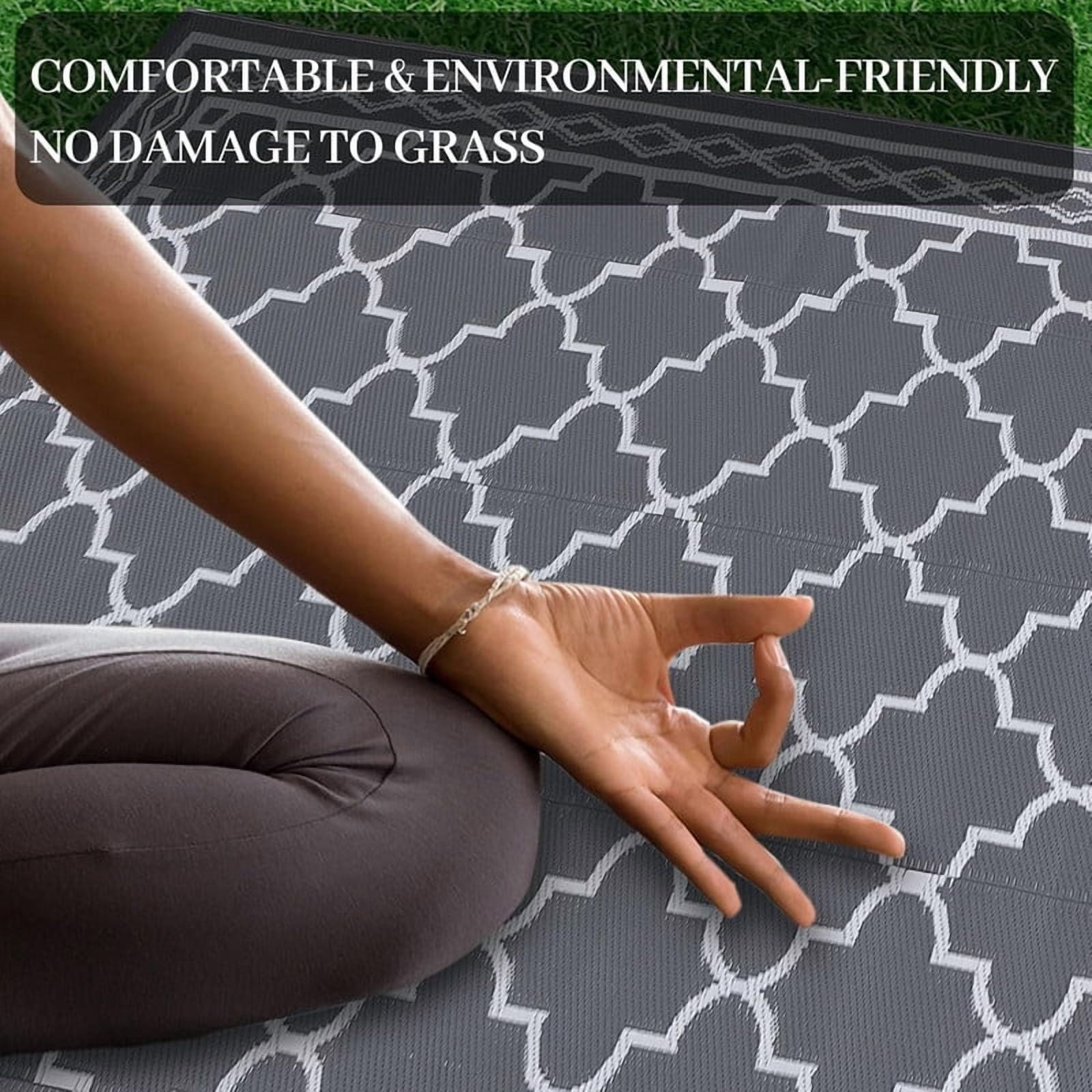 Outdoor Rug 10x14 Reversible Mats, Plastic Straw Rug, Large Floor Mat and Rug for Outdoors, Modern Area Rug, Patio, Backyard, Deck, Picnic, Beach, Trailer, Camping, Grey/White(Geometric)