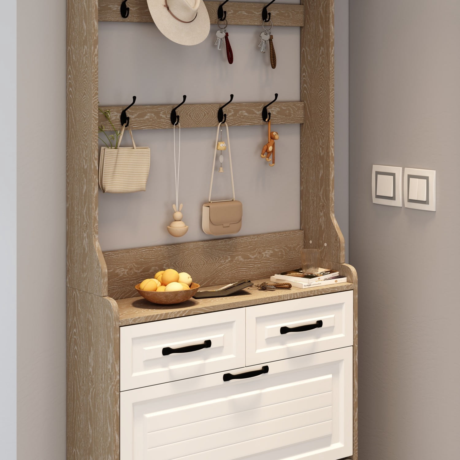 Shoe Cabinet with 3 Flip Doors, 2 Drawers & Hanging Rack, Narrow Entryway Shoe Storage Organizer for Hallway, White+Oak