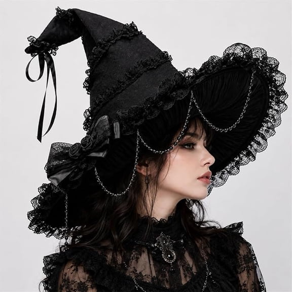WCJM Gothic Ruffled Lace Pointed Witch Hat Wide Brim Halloween Cap with Elegant Lace Trim for Costume Parties Gothic Fashion Events and Halloween