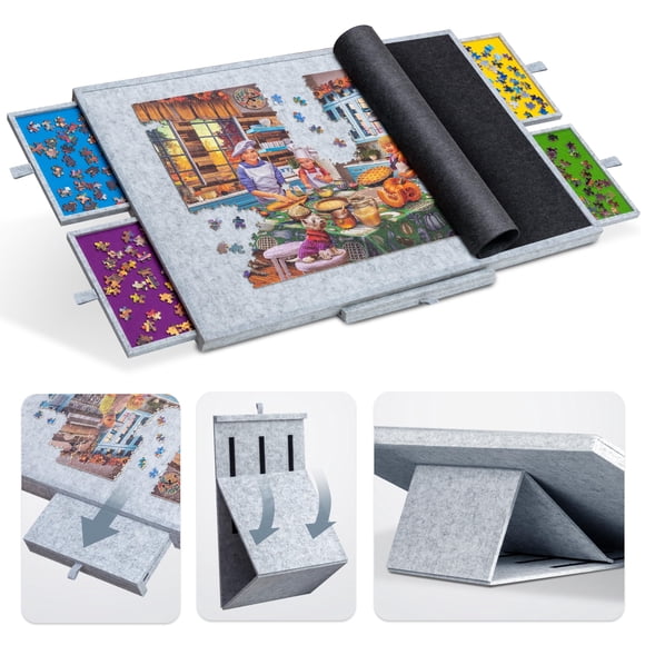 Tektalk Jigsaw Puzzle Table with Integrated Adjustable Stand/Bracket, 3-Tilting-Angle Super Lightweight Felt Puzzle Plateau Board with Cover & 4 Sort