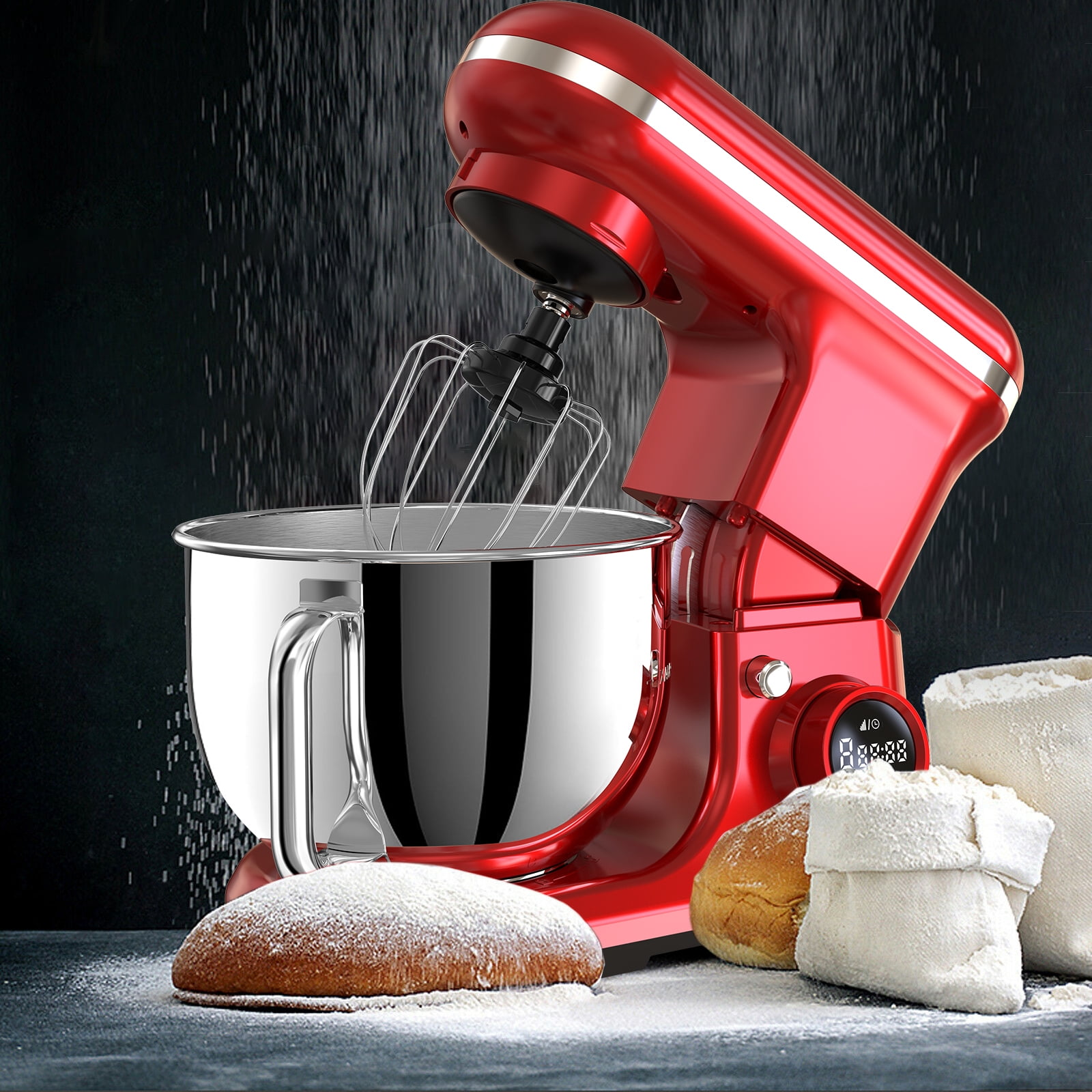Fenbeli 5.3Qt Stand Mixer,650 W 8 Speeds Kitchen Electric Food Mixer for Daily Use with Egg Whisk,Dough Hook,Flat Beater,Red