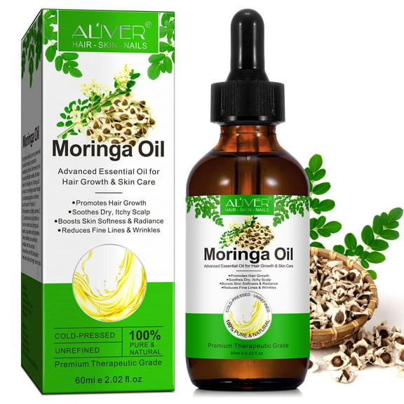 ALIVER Moringa Oil, 100% Natural Premium Organic Cold-Pressed Glass Bottle Moringa Oil, Moringa Seed Oil for Hair, Face, Anti-Aging, Skin Care, Nourish Hair, Scalp & Body Massage, 2.02 fl.oz