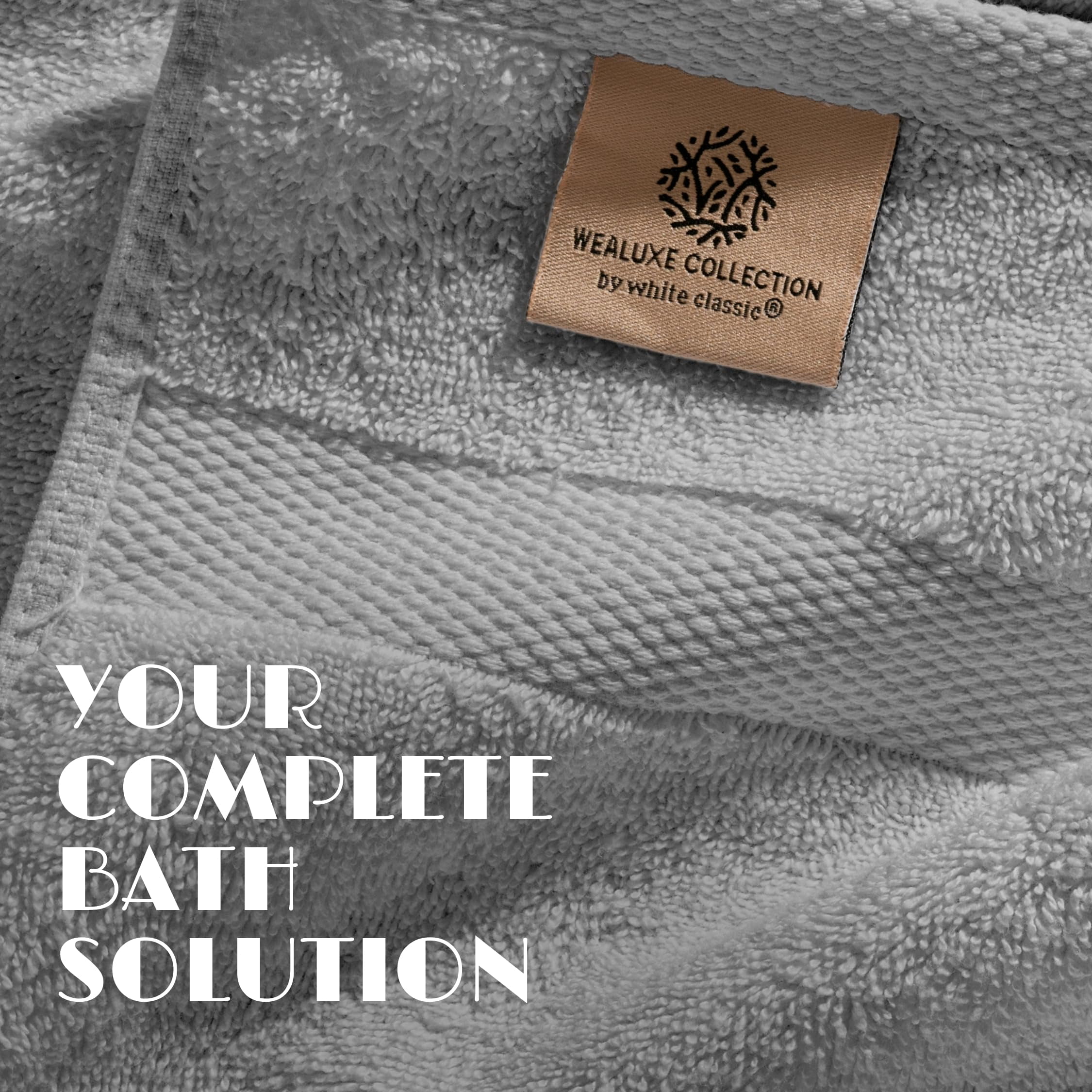White Classic Light Gray Bath Towel Set of 6 - 100% Cotton Highly Absorbent Towels for Bathroom, 2 Luxury Bath Towels 650GSM, 2 Hand Towels, 2 Washcloths