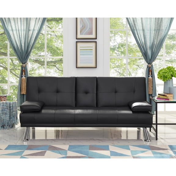 Futon Sofa with Armrest and Cupholders by Naomi Home-Color:Black,Fabric:Faux Leather