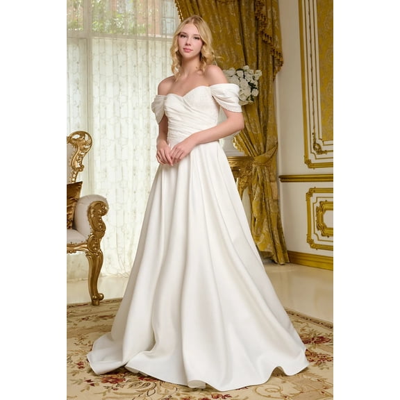 Women's Elizabeth K Satin Off Shoulder Bridal Gown GLS Gl3655 White Size S