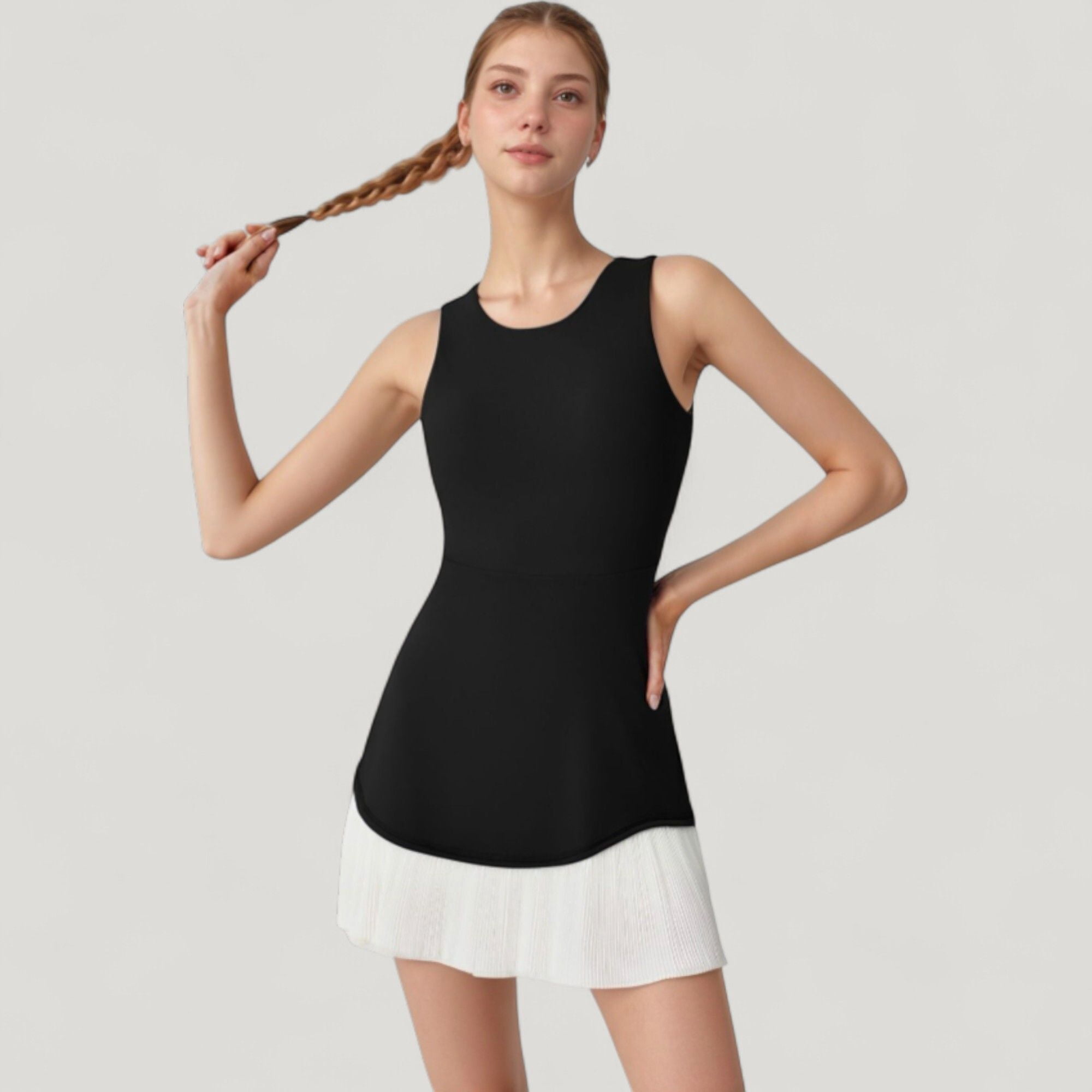 Women's Sleeveless Tennis Dress with Scoop Neck Fitted Bodice and Contrast Pleated Hem - Medium, Black