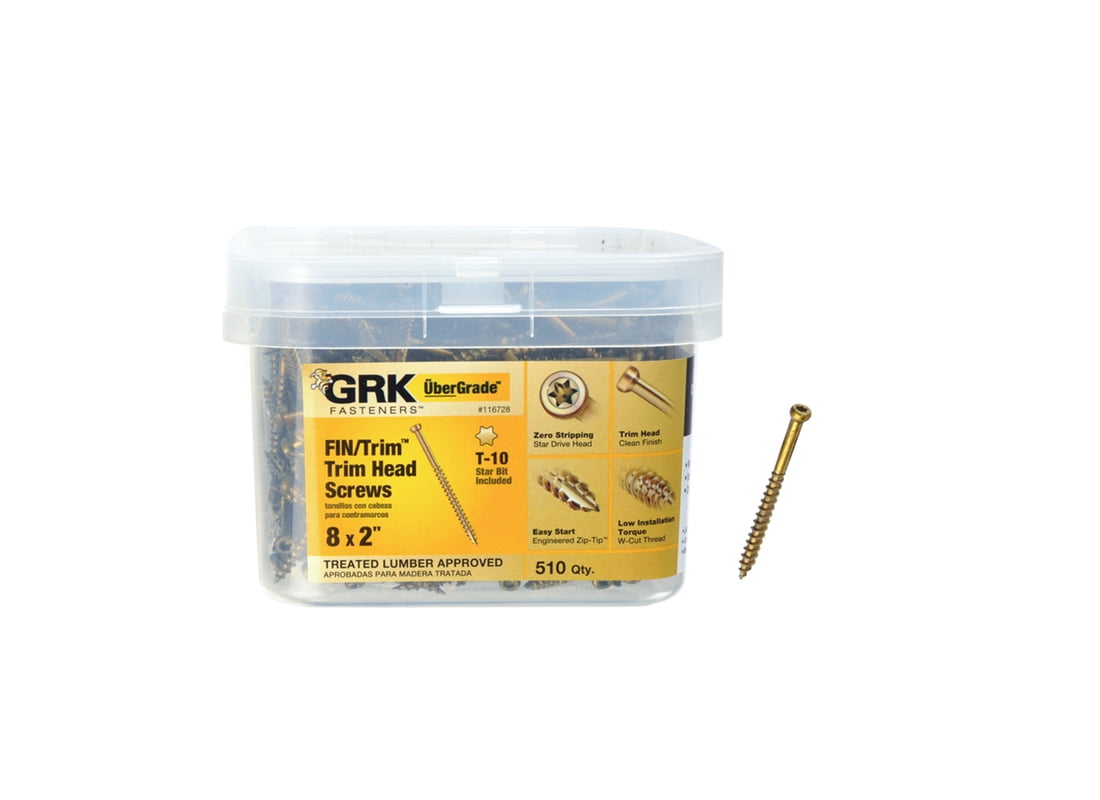 GRK Fasteners 116728 Finishing Screw, #8 Thread, 2 in L, Trim Head, Star Drive, Steel, 510 PK Yellow - pack of 510