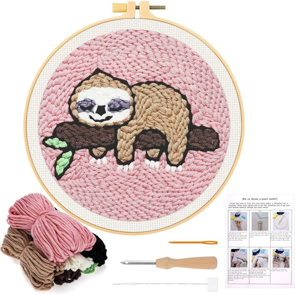 Punch Needle Kits for Beginners, Cute Sloth Punch Needle Embroidery Starter Craft Set with Hoop Easy for Adults and Children Festival Gift and Decoration