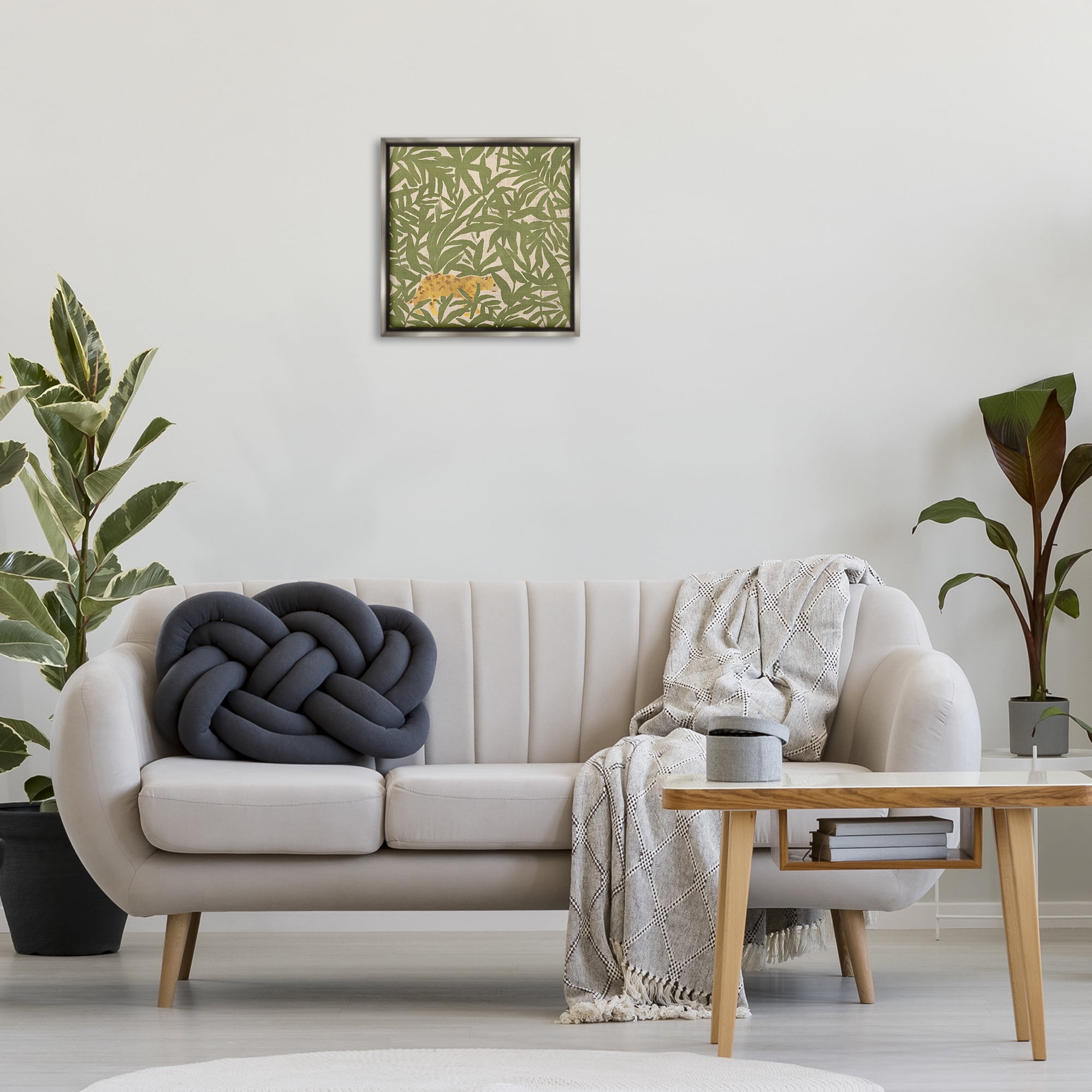 Stupell Industries Prowling Cheetah in Plants Botanical & Floral Painting Gray Floater Framed Canvas Art Print Wall Art, 18 x 18