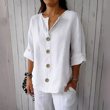 Clearance under 10$ Sevevn Women's New Solid Color V-neck Quarter 3/4 Sleeve Loose Cotton And Linen Button Up Top Deal of the Week White L