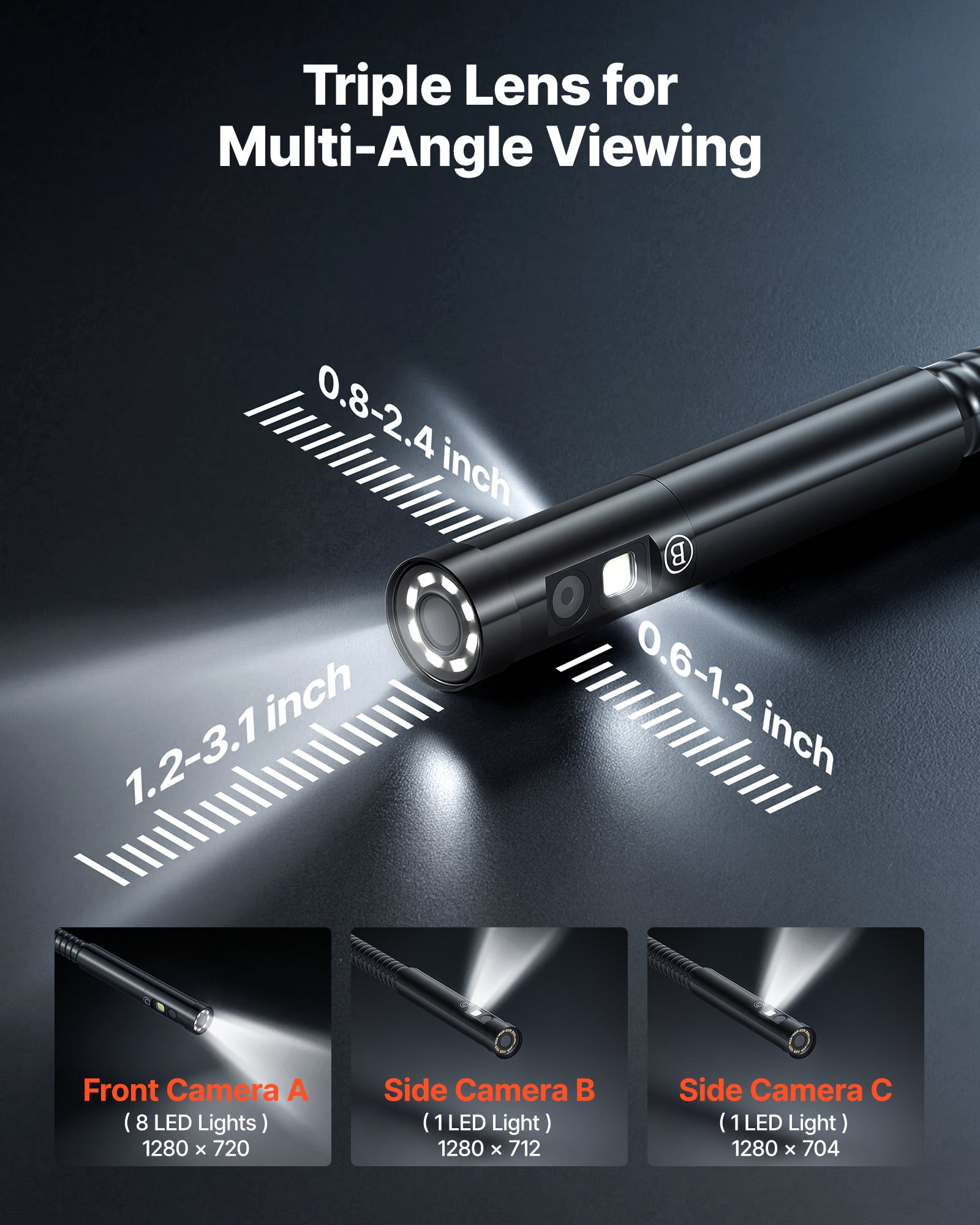 VEVOR Triple Lens Endoscope with Light, 5" HD IPS Screen Industrial Borescope Camera, 8 + 2 LED Lights, 8X Zoom, 5000mAh, IP67 Waterproof Inspection Snake Camera for Automotive, Plumbing(4.9FT Cable)