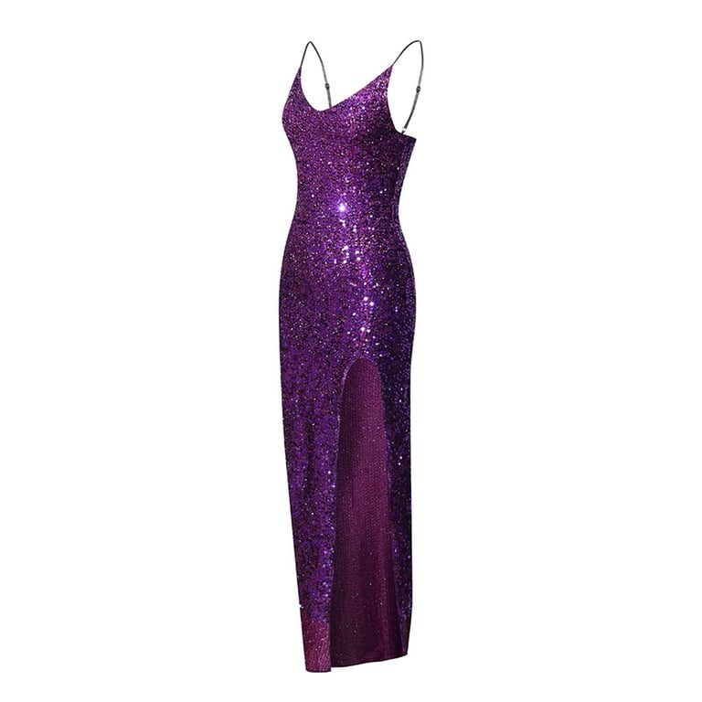 Jinhomg Cocktail Dress for Women Evening Party Glitter off Shoulder Sequin  Dresses Elegant Sleeveless V-Neck formal Dress 2025 Side Split Gown Dresses  Purple XXL - Walmart.com