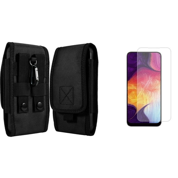 Pouch and Screen Protector Bundle for iPhone 14 Pro: Vertical Rugged Nylon Belt Holster Case (Black) and (2-Pack) Tempered Glass Shield