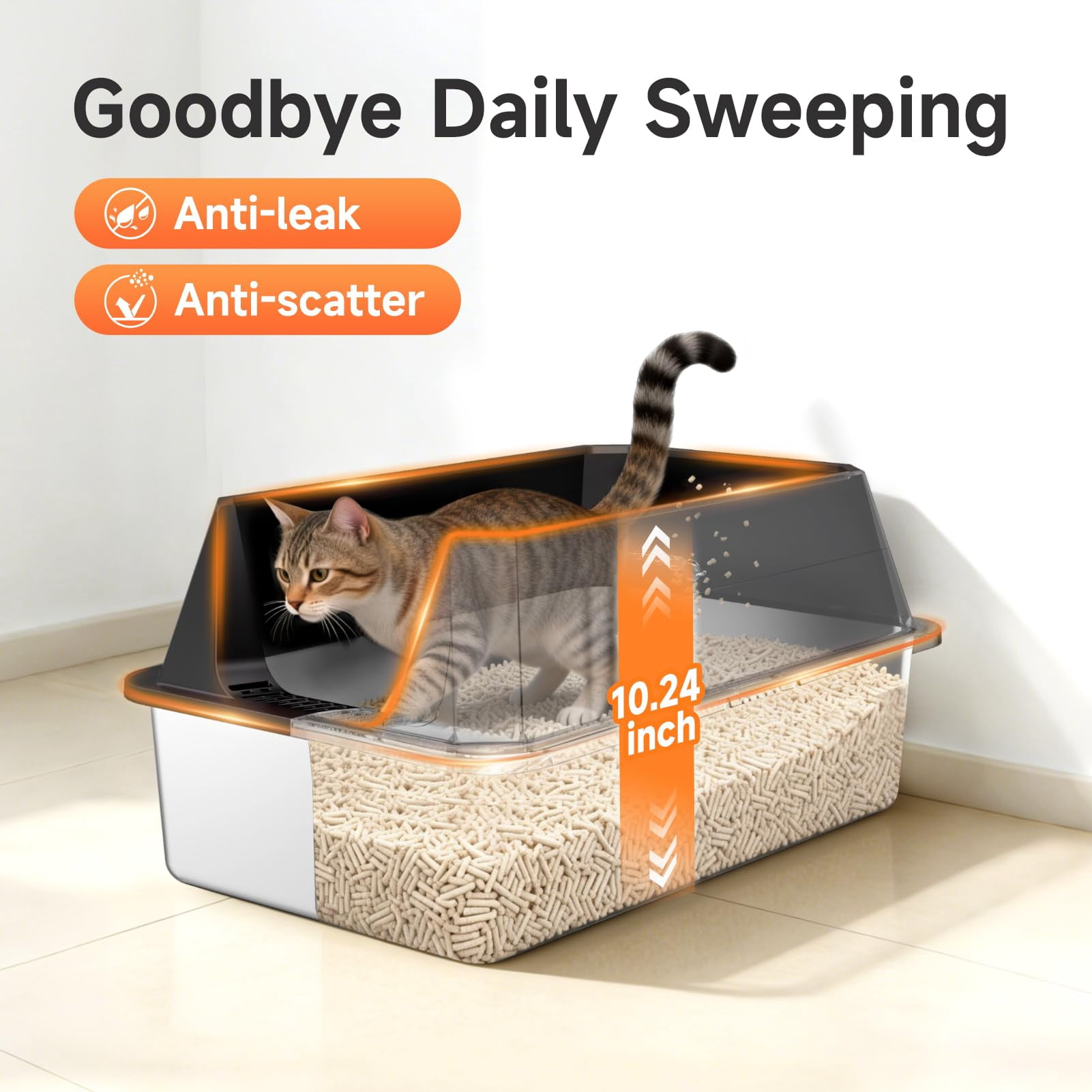 Stainless Steel Litter Box With High Sides Lid  Xl Sided Cat Pan Open Top Extra Large Metal Non-stick Leakproof Scoop Included Black