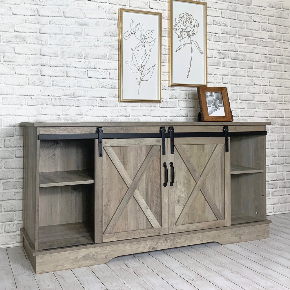 Rainbow Sophia Furniture Adjustable Television Stand with with Sliding Barn Doors, Oak Brown