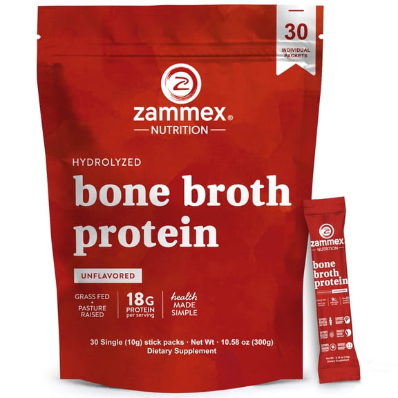 Zammex Bone Broth Protein Powder Travel Packets, Natural Flavor Grass Fed Beef Bone Broth, Hydrolyzed collagen Type I & III, 30 packs