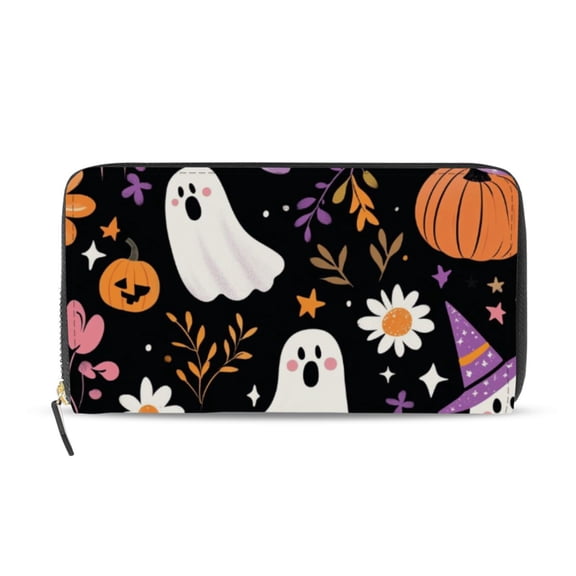 Halloween Specters with Magic Hats Flowers Pumpkins Women's Long Zipper Wallet Bifold Clutch Purse PU Leather Card Cases