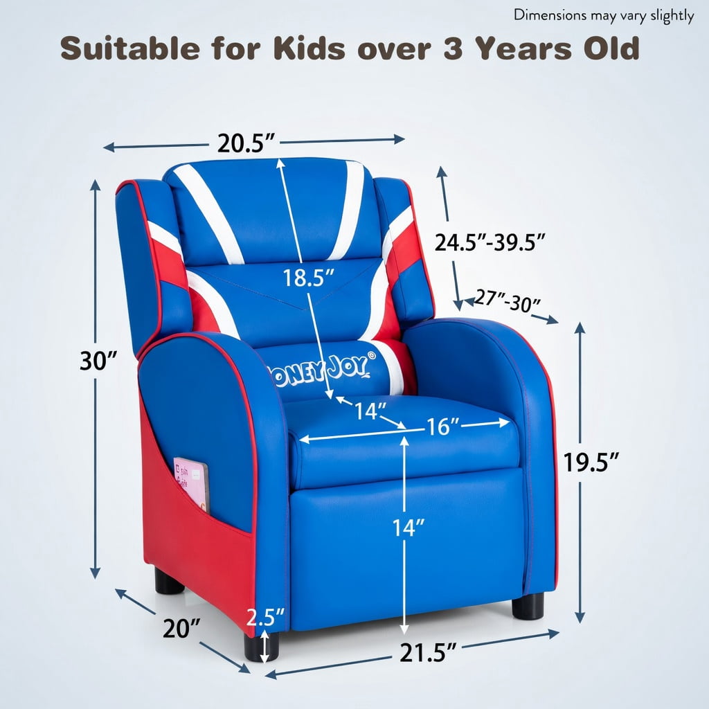 Barara King Kids PU Leather Recliner Chair with Side Pockets, Kids Gaming Sofa Recliner Chair for Living Room, Bedroom, Blue