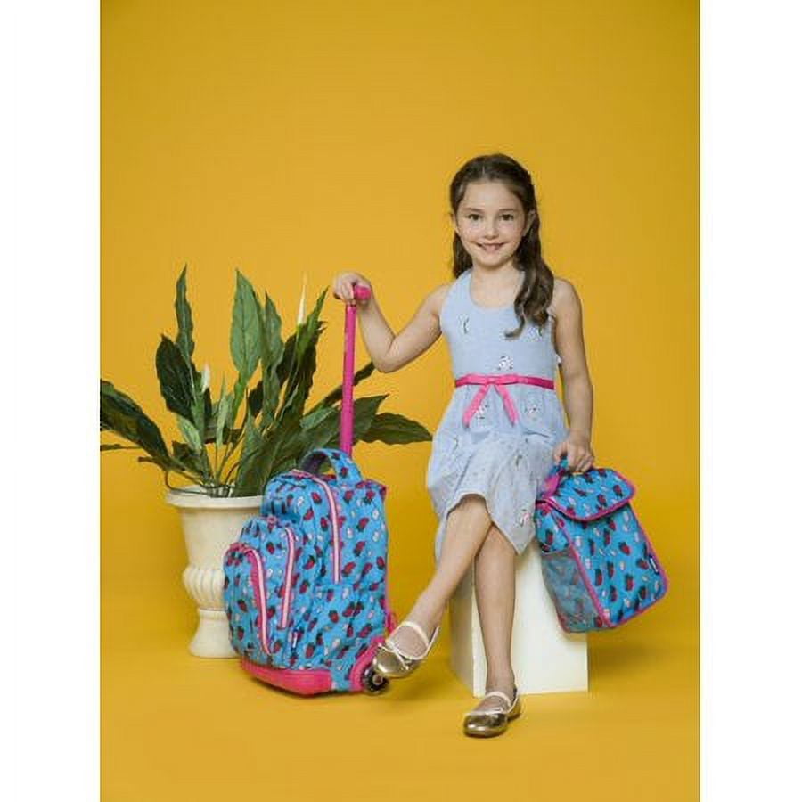 J World Girls Lollipop 16" Kids Rolling Backpack with Insulated Lunch Bag for School and Travel, Pink Buttons