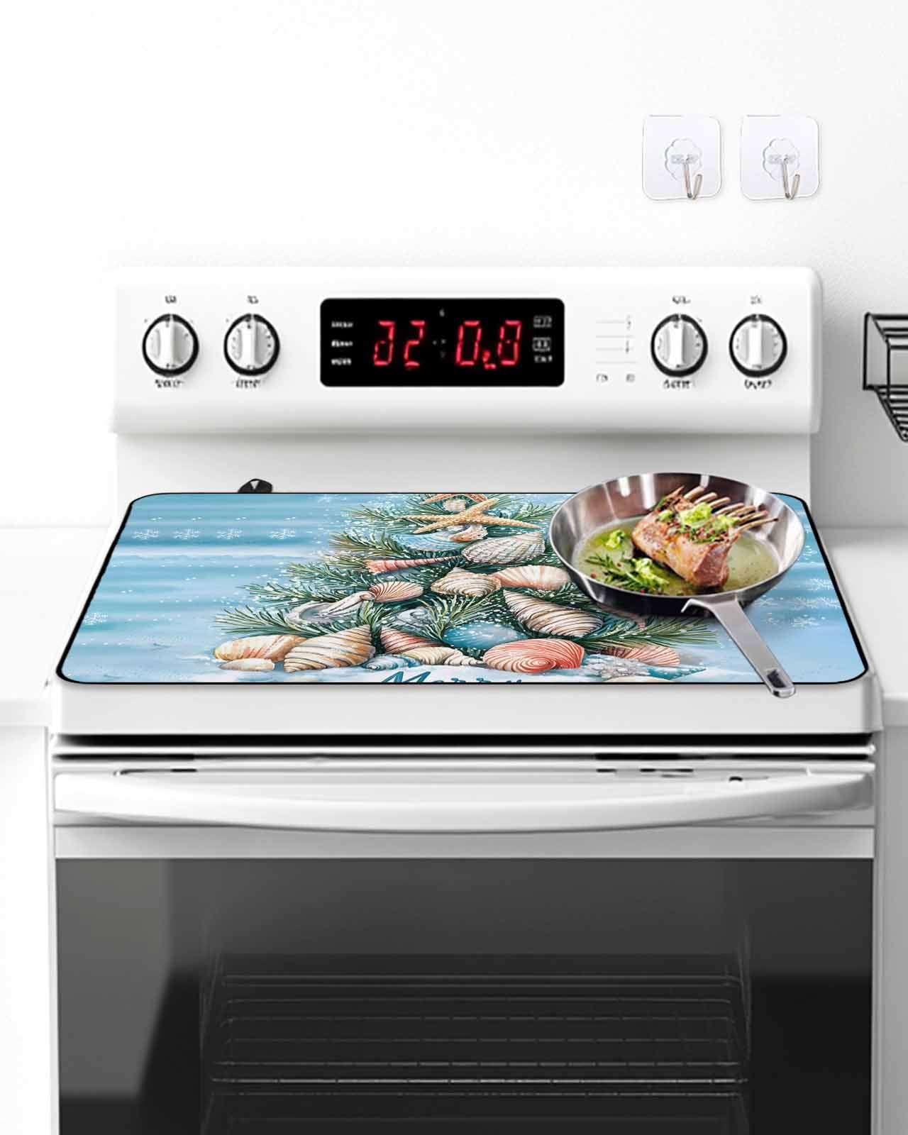 Stove Top Covers for Electric Stove, Blue Coastal Christmas Glass Stovetop Cover Protector, Nautical Summer Beach Shell Conch Induction Cooktop Protector Oven Mat for Kitchen Countertop 24"x21"
