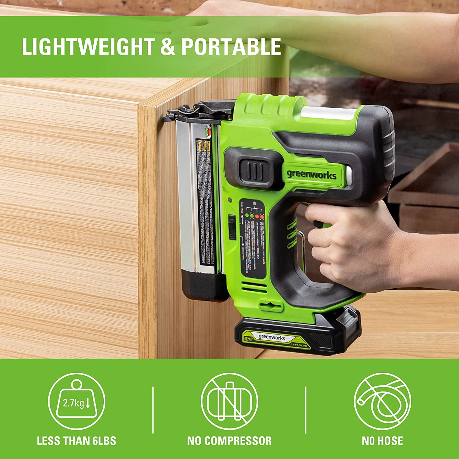 Greenworks 24V 18GA Brushless Brad Nailer, Cordless Staple Gun, Tool Only