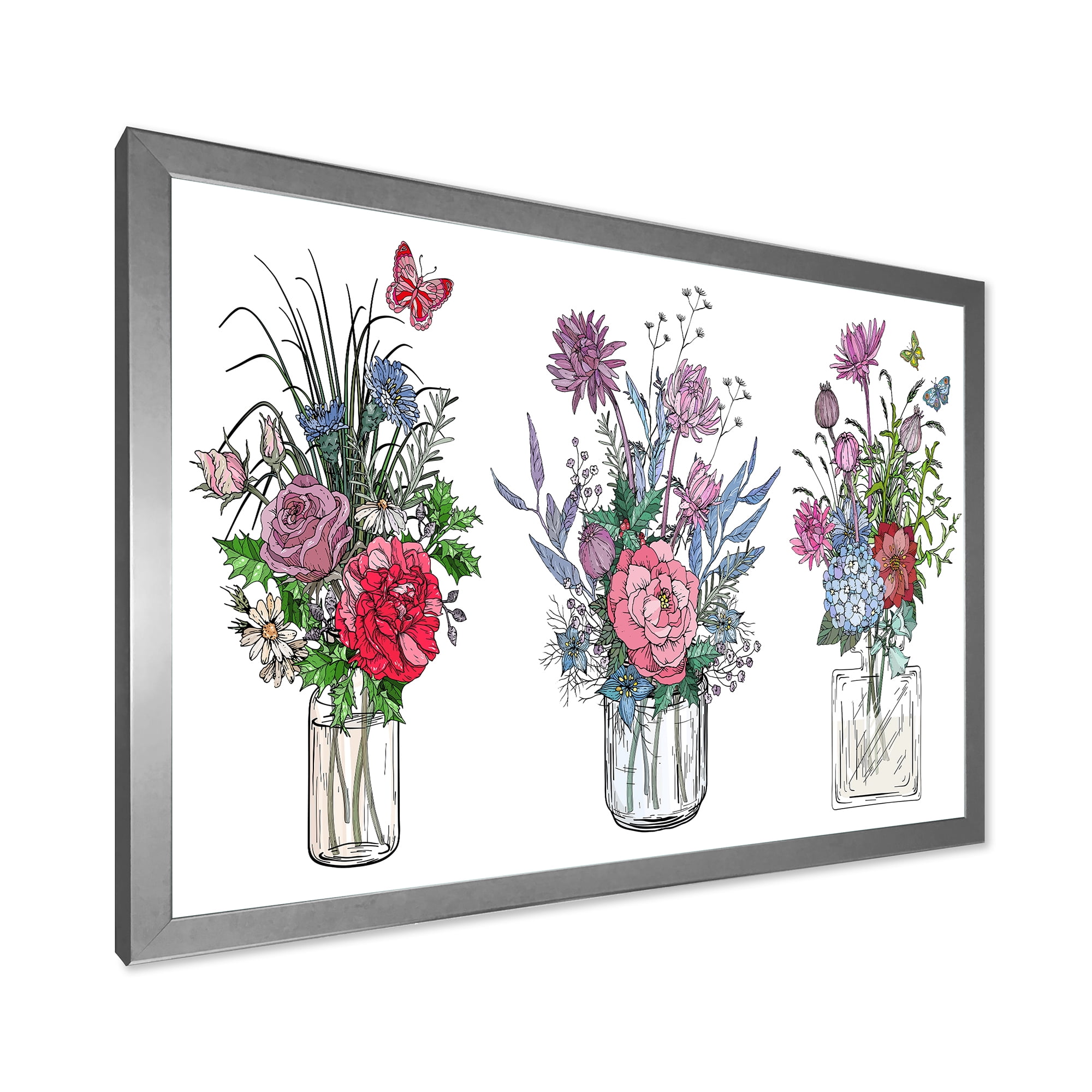 Designart 'Transparent Vases With Bouquets of Wildflowers I' Farmhouse Framed Art Print