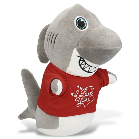 DolliBu I LOVE YOU Snug-Mooshies Standing Shark Plush- Cute Shark Plush Stuffed Animal with I Love You Red Shirt For Valentine, Anniversary, Romantic Date, Boyfriend, or Girlfriend Gift - 10 inches