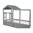 thumbnail image 4 of Twin House Bed, Wood Montessori Floor Bed with Drawer, Low Canopy Platform Bed Frame with Roof and Window, Playhouse & Space-Saving Design House Bed Frame with Slat for Kids Teens Boys Girls, Gray, 4 of 9