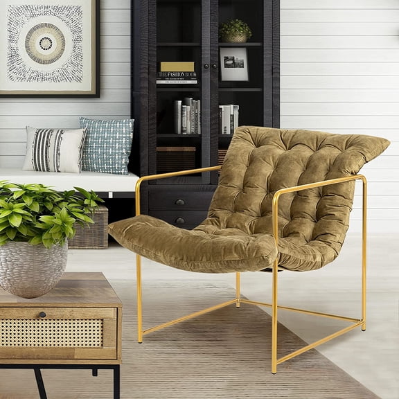 Mid  Modern Sling Accent Chair for Living Room, Bedroom, and Office, Set of 1, Upholstered in Green Velvet Fabric with Gold Metal Base