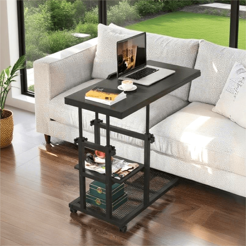 Fnova Mobile Side Table with Wheels, Snack Tray, Height-Adjustable C-Shape Desk, Tiltable Drawing Board, Laptop Stand, Storage Shelves for Living Room, Bedside Table for Couch