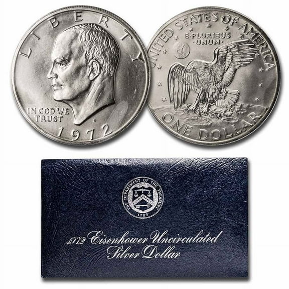 U.S. Mint 1971-1974 Eisenhower Dollar GEM, Blue Mint Envelope, BU, .3161 oz 40 % Silver, .400 Karats