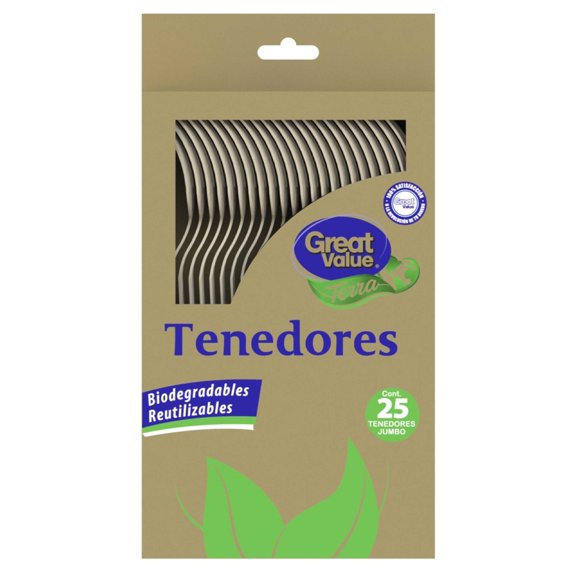 Tenedores Great Value terra biodegradables jumbo color beige 25 pzas