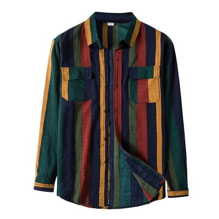 

JDEFEG Beach Shirt Sleeve Top Stripe Splice Men s Long Double Shirt Turn-Casual Collar Pocket Men Shirts Long Sleeve Shirt Scrub Cotton Green Xl