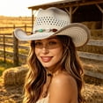 thumbnail image 2 of Woven Straw Western Cowboy Hat with Beaded Band, Unisex Wide Brim Sun Hat, Adjustable Chin Strap Summer Beach Headwear, 2 of 4
