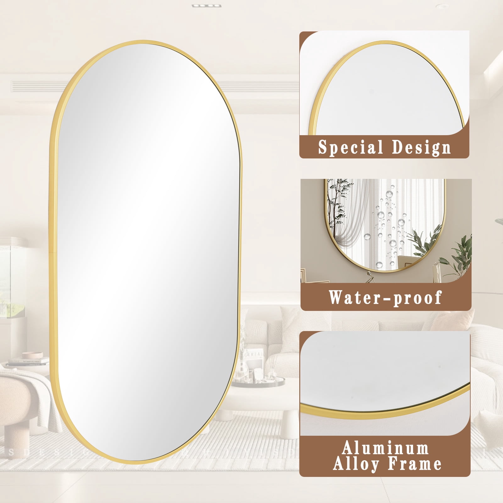 AUROMIR 24"x36" Bathroom Oval Mirror Wall-Mounted Vanity Mirror Aluminum Alloy Frame,Glod