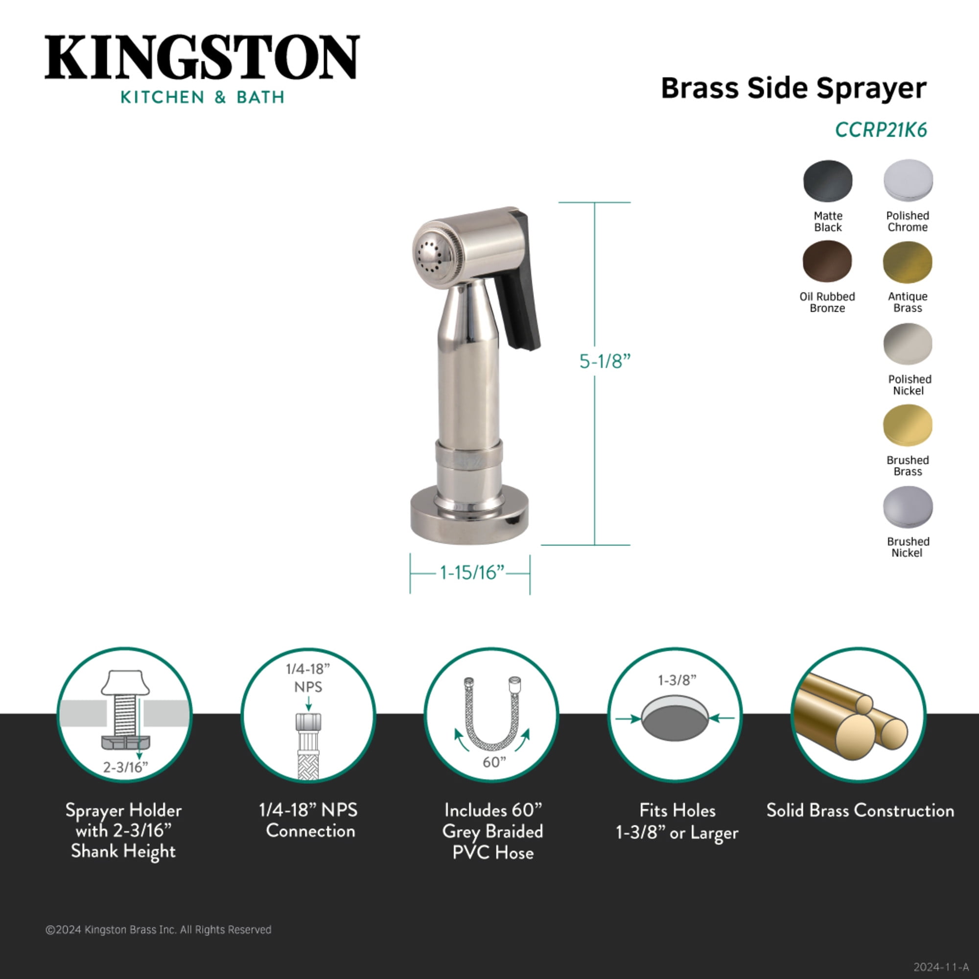 Kingston Brass CCRP21K7 Brass Kitchen Faucet Side Sprayer in Brushed Brass