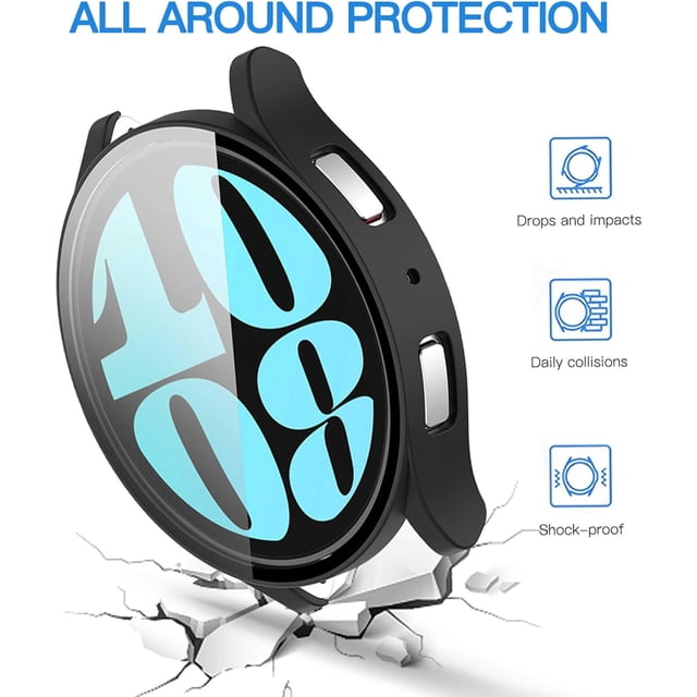 KOMI 2 Pack Compatible for Samsung Galaxy Watch 6 Case with Tempered Glass Screen Protector, Hard PC Bumper (44mm Black)