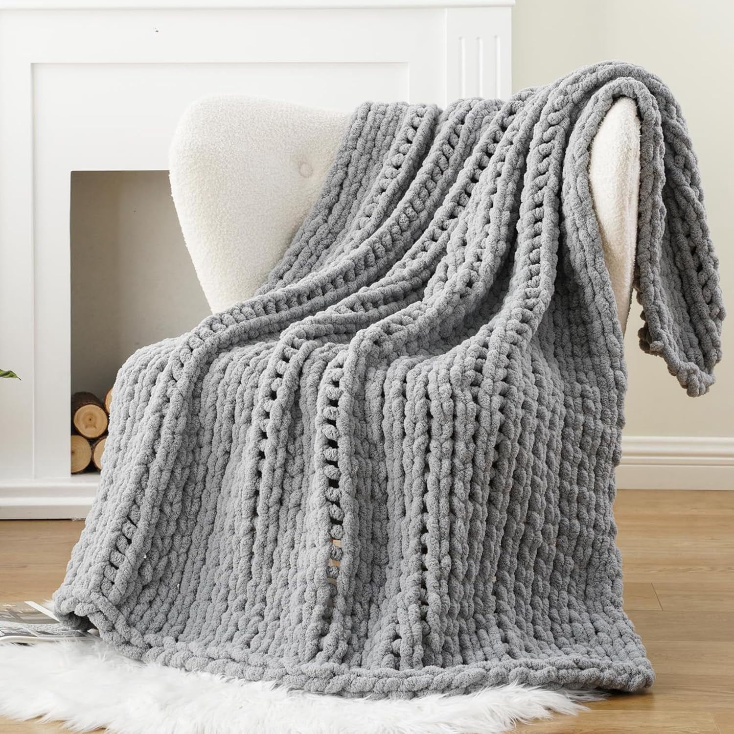 Battilo Light Grey Chunky Knit Throw Blanket,Handmade Cable Knit Crochet Blanket for Couch,50"x60"
