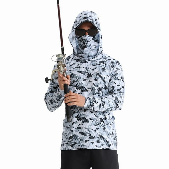 Sbart Men’s Premium Fishing Shirt with Hoodie Face Mask Lightweight Sun Protection UPF 50  Long Sleeve for Fishing Hunting Hiking Biking Outdoor Sports Outdoor Activities Camouflage Blackwhite Color