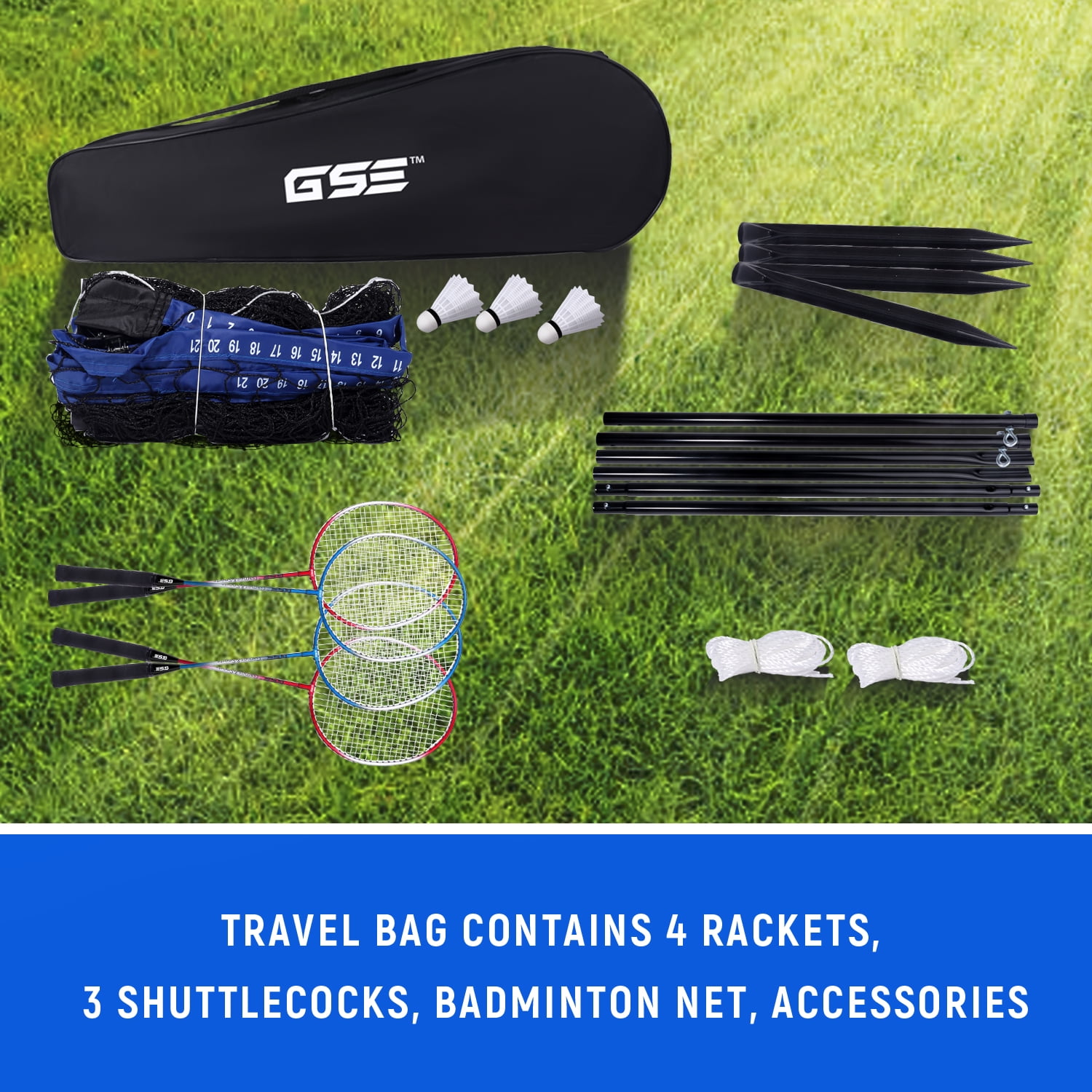GSE Games & Sports Expert Recreational Badminton Complete Set with Portable Badminton Net, 4 Badminton Rackets, 3 Shuttlecocks & Carrying Bag