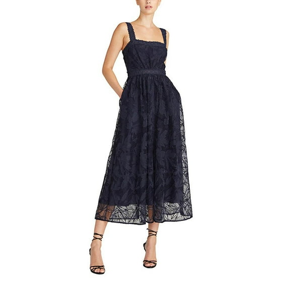 ML Monique Lhuillier Square Neck Sleeveless Ruched Embroidered Zipper Back A-Line Lace Dress Color: NAVY, Size: 2