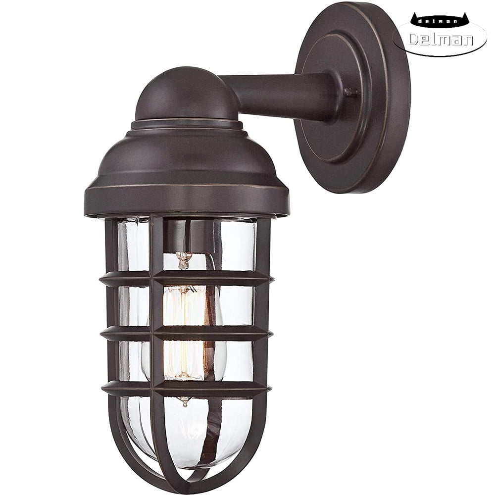 Marlowe Rustic Bronze Cage Outdoor Wall Light with Glass Shade
