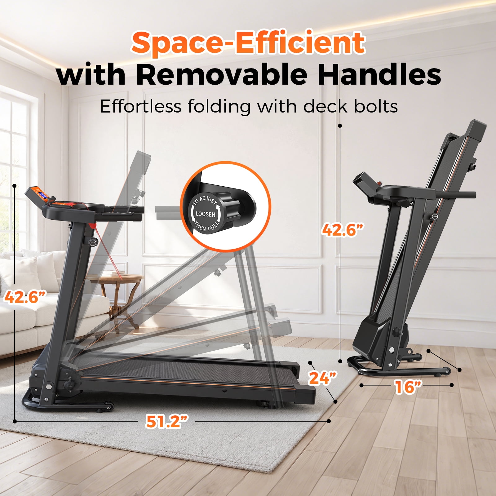 OBENSKY Walking Treadmills for Senior for Home with Long Handrail 300 lbs Weight Capacity Foldable Recovery Fitness Exercise Machine 3.0HP Running with Cup Holder With APP