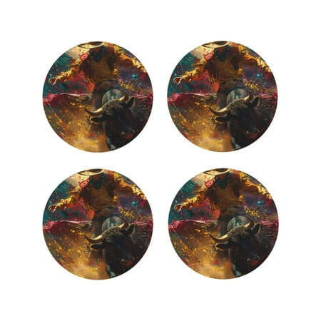 

Fuzoiu Colorful Bull Western Man Print Leather Coasters Set Drink Coasters Set of 4 for Tabletop Protection Durable PVC Coasters Home Décor and Housewarming Gift-Round Shape